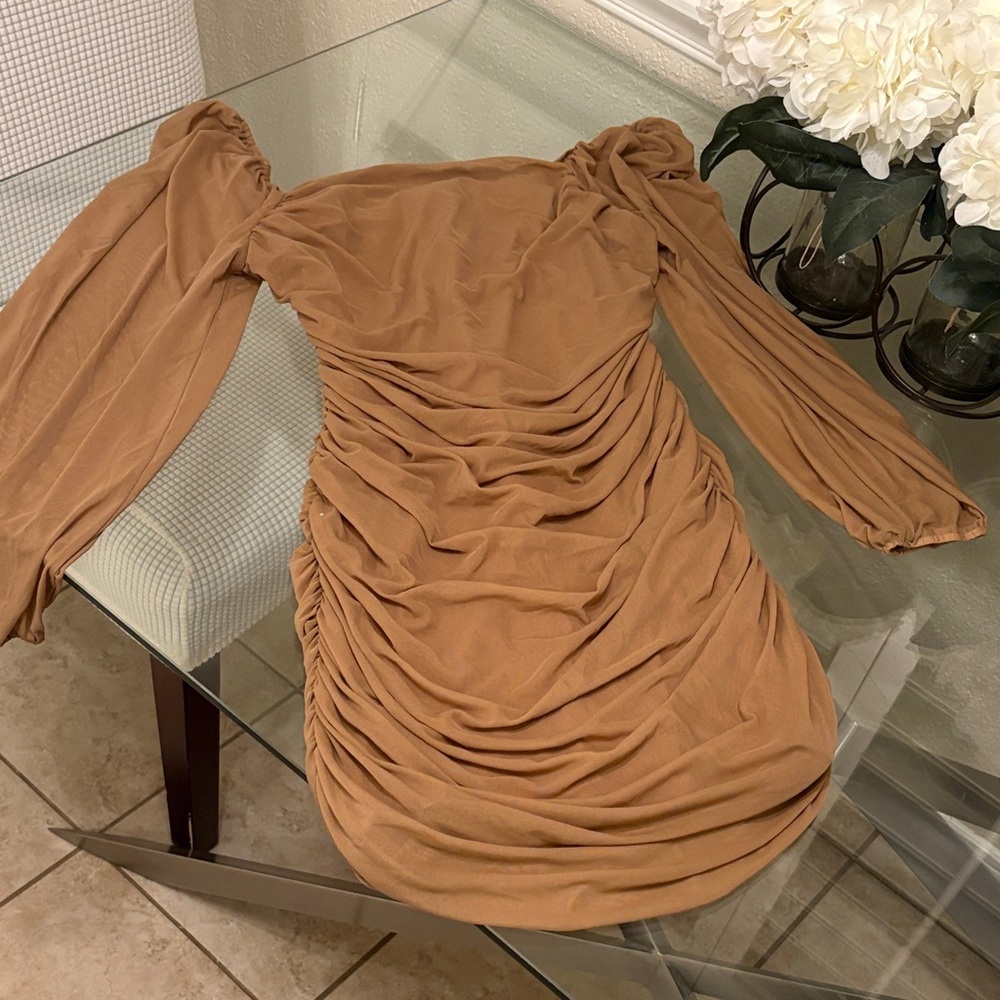 Elegant Tan Ruched Dress - Picture 2 of 10